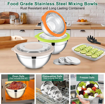 E-far Mixing Bowls Set of 5, Stainless Steel Salad Mixing Bowl with Transparent Lid, Metal Nesting Bowl Attach with 3 Graters for Kitchen Prepping/Serving/Baking/Storage, 4.6/2.6/1.5/1/0.7 QT - Black