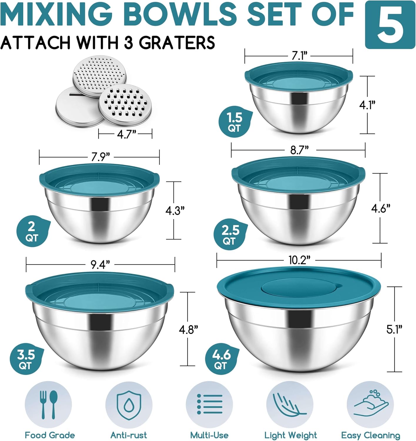 Herogo 5-Piece Mixing Bowls with Airtight Lids, 3 Grater Attachments, Stainless Steel Salad Serving Bowls for Kitchen, Size 4.6, 3.5, 2.5, 2, 1.5QT Ideal for Prepping & Cooking, Black