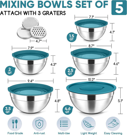 Herogo 5-Piece Mixing Bowls with Airtight Lids, 3 Grater Attachments, Stainless Steel Salad Serving Bowls for Kitchen, Size 4.6, 3.5, 2.5, 2, 1.5QT Ideal for Prepping & Cooking, Black