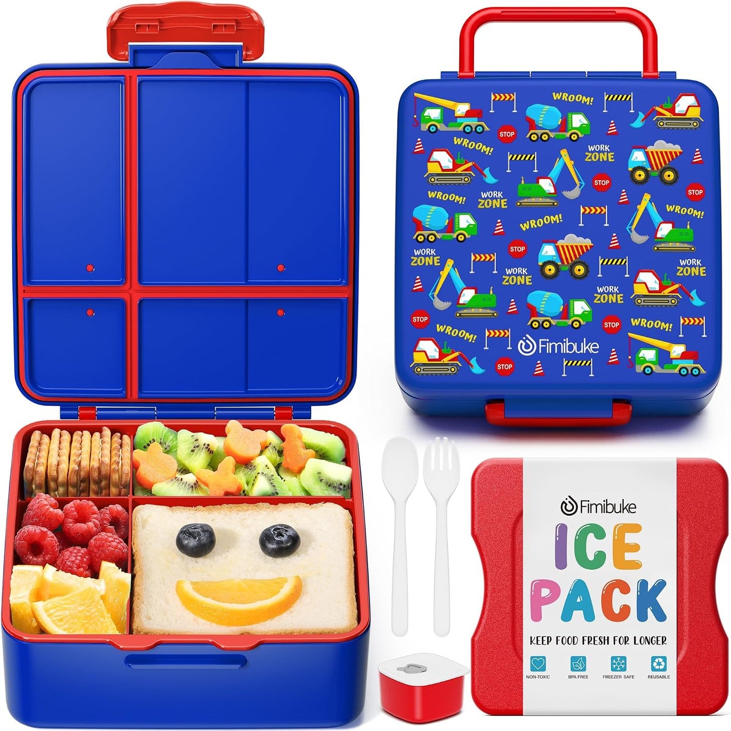 Fimibuke Chill Bento Box for Kids Adult, Leak Proof Toddler Lunch Box with Ice Pack Keep Food Cold, BPA Free 4 Compartment Lunch Container with Utensils for Girl Boy School, Microwave Dishwasher Safe