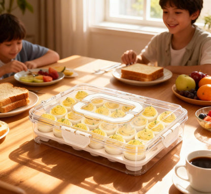 2 Pack Deviled Egg Containers with Lid, Detachable Deviled Egg Platter, Durable Clear Plastic Deviled Egg Carrier Storage 48 Eggs, Stackable Deviled Egg Tray for Fridge Party & Picnics-White
