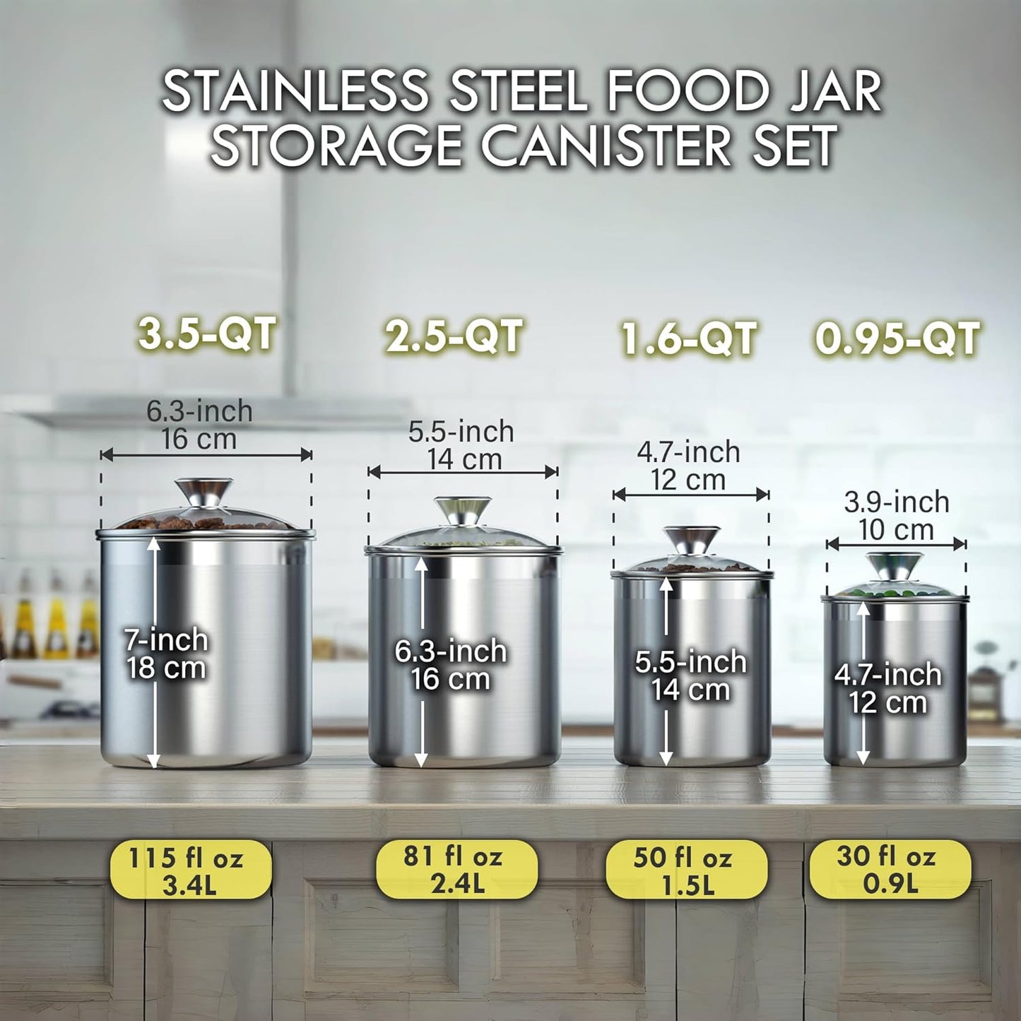 Cooks Standard Classic Stainless Steel Food Jar Storage Canister Set Medium, Airtight Containers with Glass Lid for Tea Coffee Sugar Flour Pantry Kitchen Counter, 4-Piece