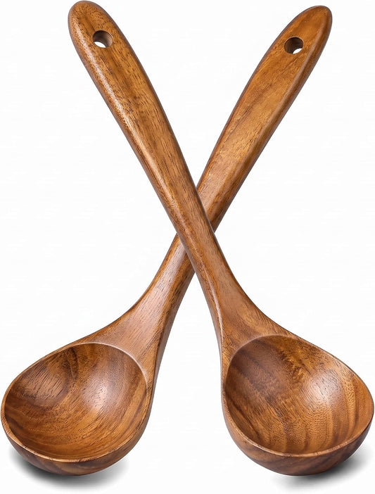 2 Pcs Acacia Soup Ladle with Long Handle, 10.6" Natural Wooden Serving Spoon, Wood Kitchen Utensil Set for Cooking Stirring Cookware