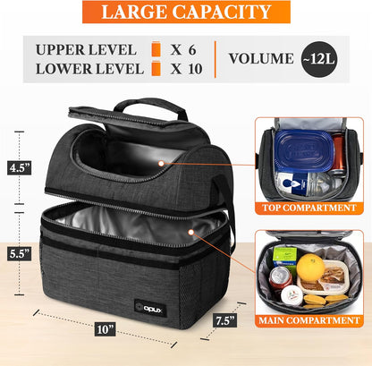 opux Insulated Lunch Bag for Men Women, Double Decker Leakproof Lunch Box Cooler Tote with Shoulder Strap, Large Lunchbox for Work School Travel Meal Prep, Adults Kids Boys Girls, Green, 16 Cans