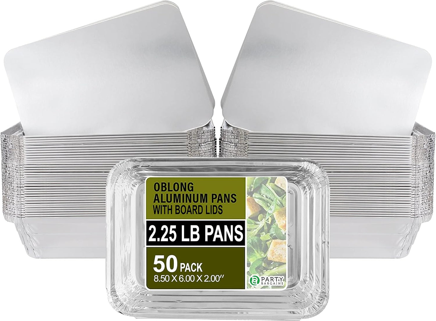 PARTY BARGAINS 4 lb Aluminum Pans with Board Lids, 50 Pack – 12 x 8 in Disposable Foil Roasting & Steam Table Pans for Catering, Takeout, Meal Prep, Oven Safe up to 240°C