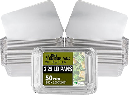 PARTY BARGAINS 4 lb Aluminum Pans with Board Lids, 50 Pack – 12 x 8 in Disposable Foil Roasting & Steam Table Pans for Catering, Takeout, Meal Prep, Oven Safe up to 240°C