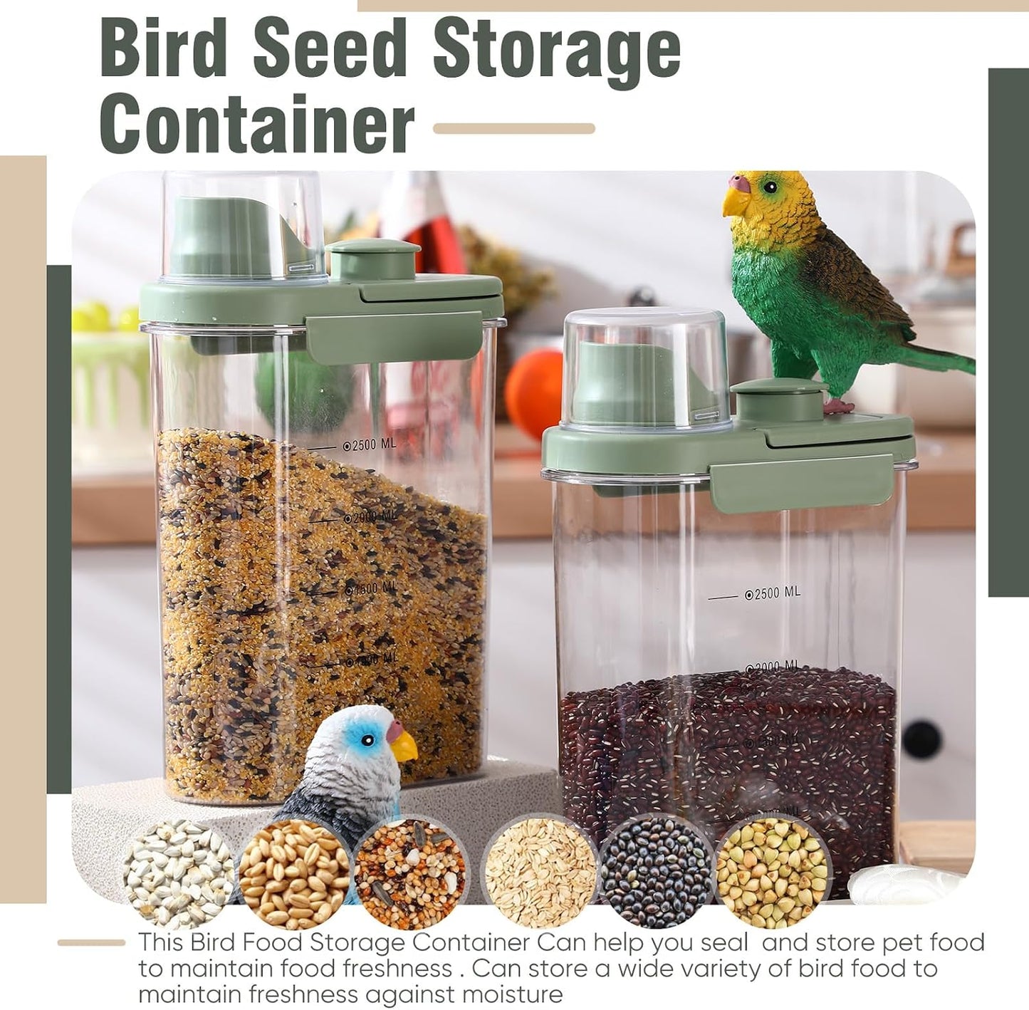 Maxdot 2 Pcs Bird Seed Storage Container 3 Qt/2.8 L with Tight Lids Airtight Cup Pet Food Storage Measuring Containers Lids with Pouring Spouts for Macaws African Grey Cockatoos (Beige)