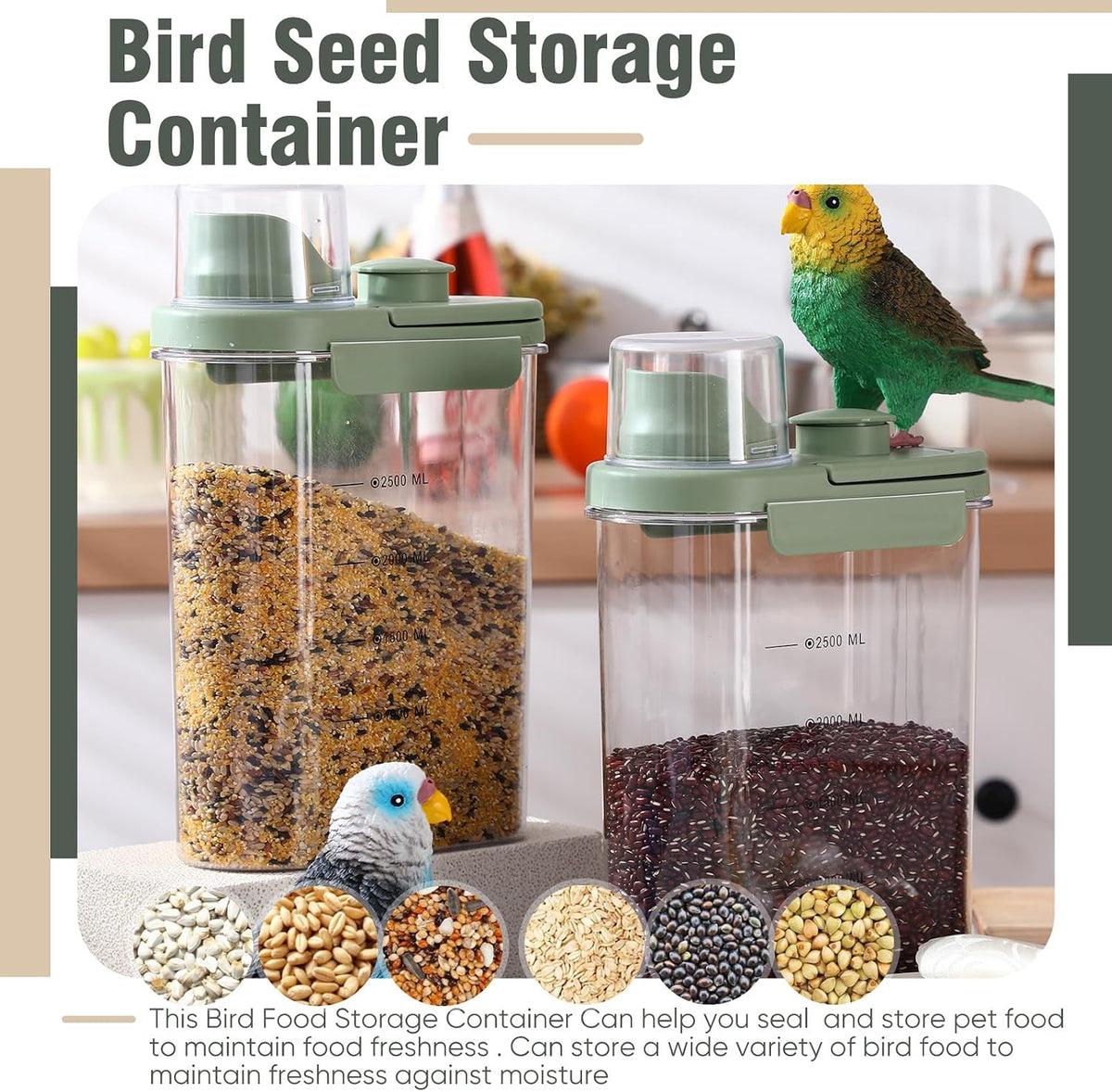 Maxdot 2 Pcs Bird Seed Storage Container 3 Qt/2.8 L with Tight Lids Airtight Cup Pet Food Storage Measuring Containers Lids with Pouring Spouts for Macaws African Grey Cockatoos (Beige)