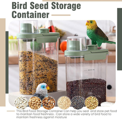 Maxdot 2 Pcs Bird Seed Storage Container 3 Qt/2.8 L with Tight Lids Airtight Cup Pet Food Storage Measuring Containers Lids with Pouring Spouts for Macaws African Grey Cockatoos (Beige)