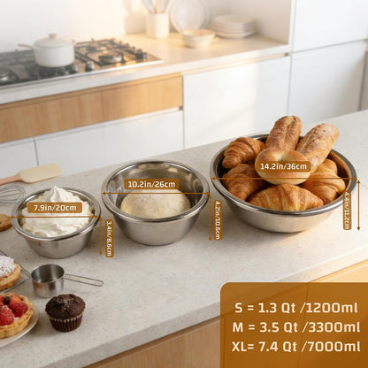 Mixing Bowls Set of 3 Stainless Steel, 7.9″ 10.2″ 14.2″ Metal Bowls for Baking Dough Salad Kitchen