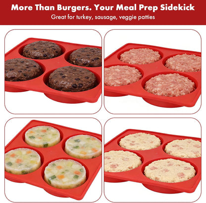 Silicone Burger Patty Maker & Freezer Tray, Grilling Cookware 4-Cavity Mold with Airtight Lid, Make 4 Perfect 4.7-Inch Patties at Once for Easy BBQ Prep & Freezer Storage