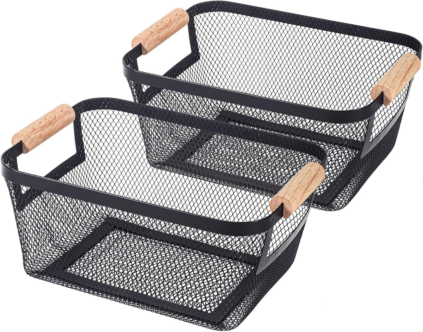2-Pack Metal Mesh Basket, Large Wire Storage Organizer with Wood Handle for Kitchen Pantry, Bathroom, Cabinet, Closet, Picnic & Home Organization, Large, Black