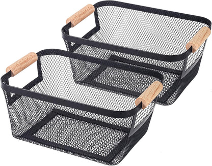 2-Pack Metal Mesh Basket, Large Wire Storage Organizer with Wood Handle for Kitchen Pantry, Bathroom, Cabinet, Closet, Picnic & Home Organization, Large, Black