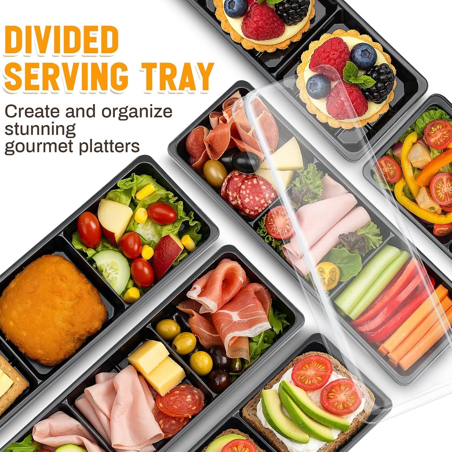 Shellwei 5 Pcs 3 Sections Rectangular Charcuterie Boards with Lid 15 x 5 in Serving Sushi Appetizer Platter Plastic Catering Divided Serving Travel Trays