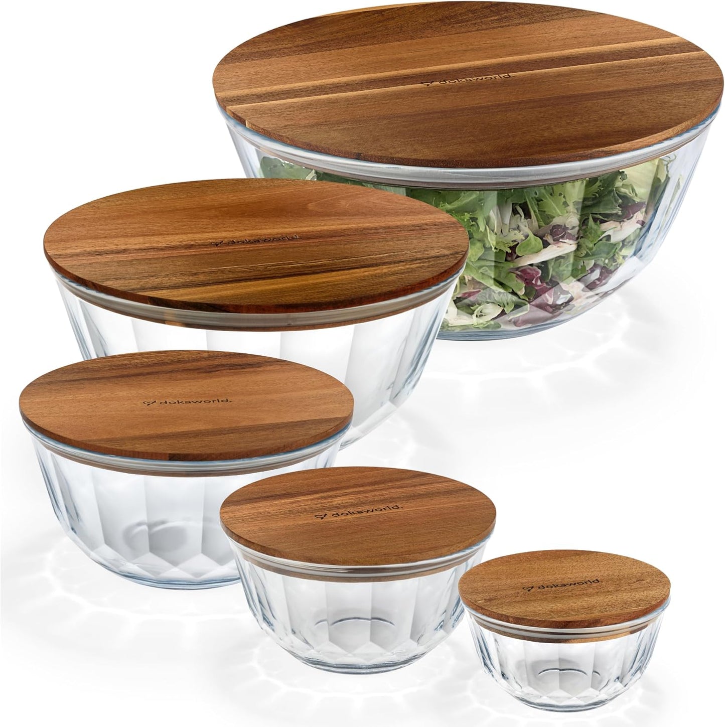Set of 4 Stackable Space-Saving Nesting Glass Bowls with Airtight Acacia Lids for Lunch, Meal & Food Prep - Microwave & Oven-ready BPA Free Durable Heat Resistant Inert Borosilicate Glass