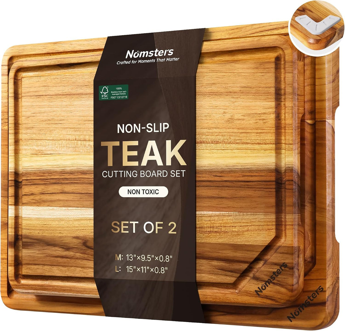 3 Pack Teak Wood Cutting Board Set for Kitchen Charcuterie Board Serving Heavy Duty Non Toxic Slip Hardwood Over Sink Solid Thick Haus Wooden Chopping Board Large Big Small Meat Best Essential Gift