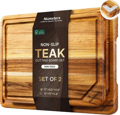 3 Pack Teak Wood Cutting Board Set for Kitchen Charcuterie Board Serving Heavy Duty Non Toxic Slip Hardwood Over Sink Solid Thick Haus Wooden Chopping Board Large Big Small Meat Best Essential Gift