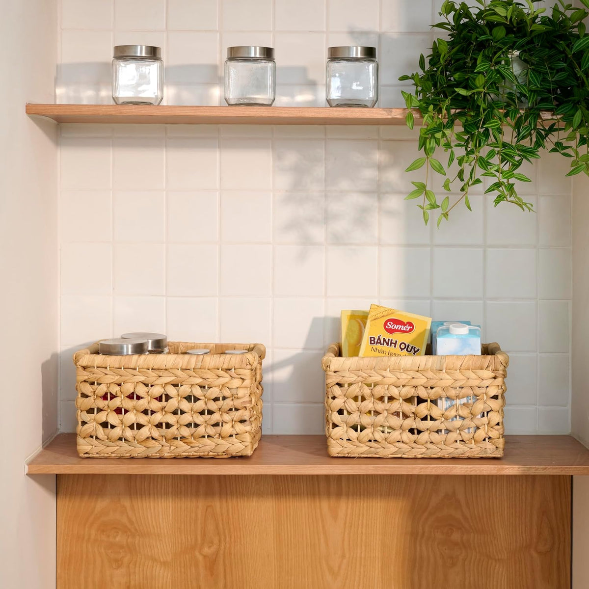 NAYA 11.6" Water Hyacinth Medium Wicker Shelf Basket – Storage Bin | Handwoven water hyacinth shelf basket with sturdy handles for pantry, towels and everyday home organization.