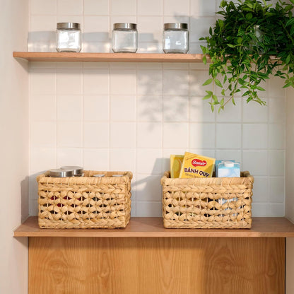 NAYA 11.6" Water Hyacinth Medium Wicker Shelf Basket – Storage Bin | Handwoven water hyacinth shelf basket with sturdy handles for pantry, towels and everyday home organization.