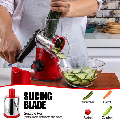 Geedel Rotary Cheese Grater, Kitchen Mandoline Vegetable Slicer with 3 Interchangeable Blades, Easy to Clean Rotary Grater Slicer for Cheese, Vegetables, Nuts