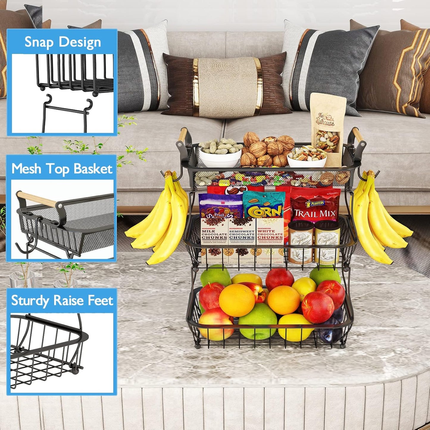 ANTOPY 2 Tier Fruit Basket with 2 Banana Hangers, Countertop Fruit Vegetable Basket Bowl for Kitchen Counter Metal Wire Fruits Storage Stand Holder Organizer for Bread Snack Veggies Produce