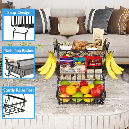 ANTOPY 2 Tier Fruit Basket with 2 Banana Hangers, Countertop Fruit Vegetable Basket Bowl for Kitchen Counter Metal Wire Fruits Storage Stand Holder Organizer for Bread Snack Veggies Produce
