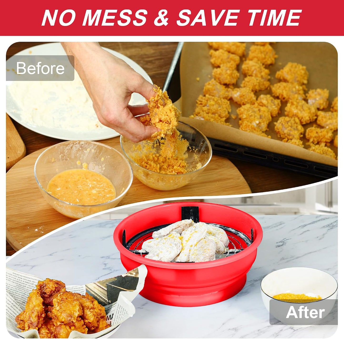 FJNATINH Collapsible Batter Bowl - Mess Free Better Breader Shaker Bowl with Lid Breading Shaker Container for Fried Fish, Fried Chicken, Onion Rings & More,No Leak,Easy to Store,Light Blue