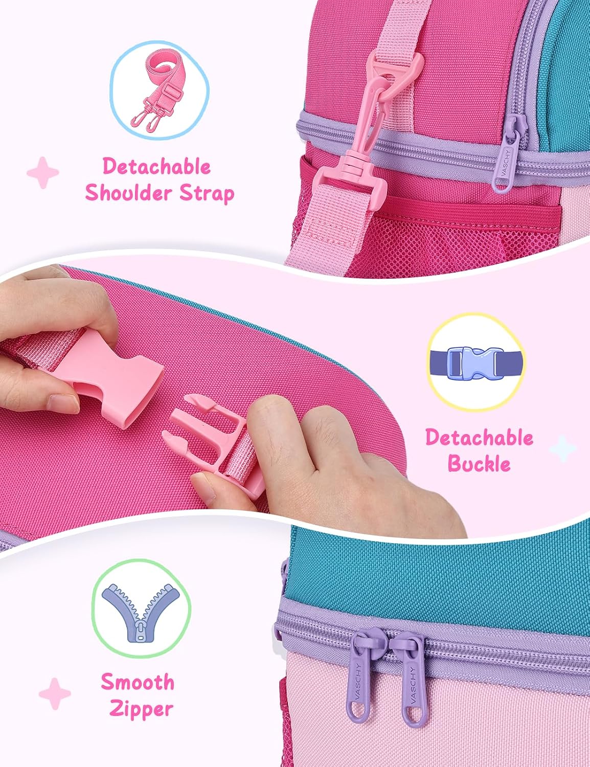 VASCHY Lunch Box Bag for Kids, Insulated Double Compartments Cooler Lunch Tote for Toddlers Boys Girls School/Daycare/Picnic Black Dinos