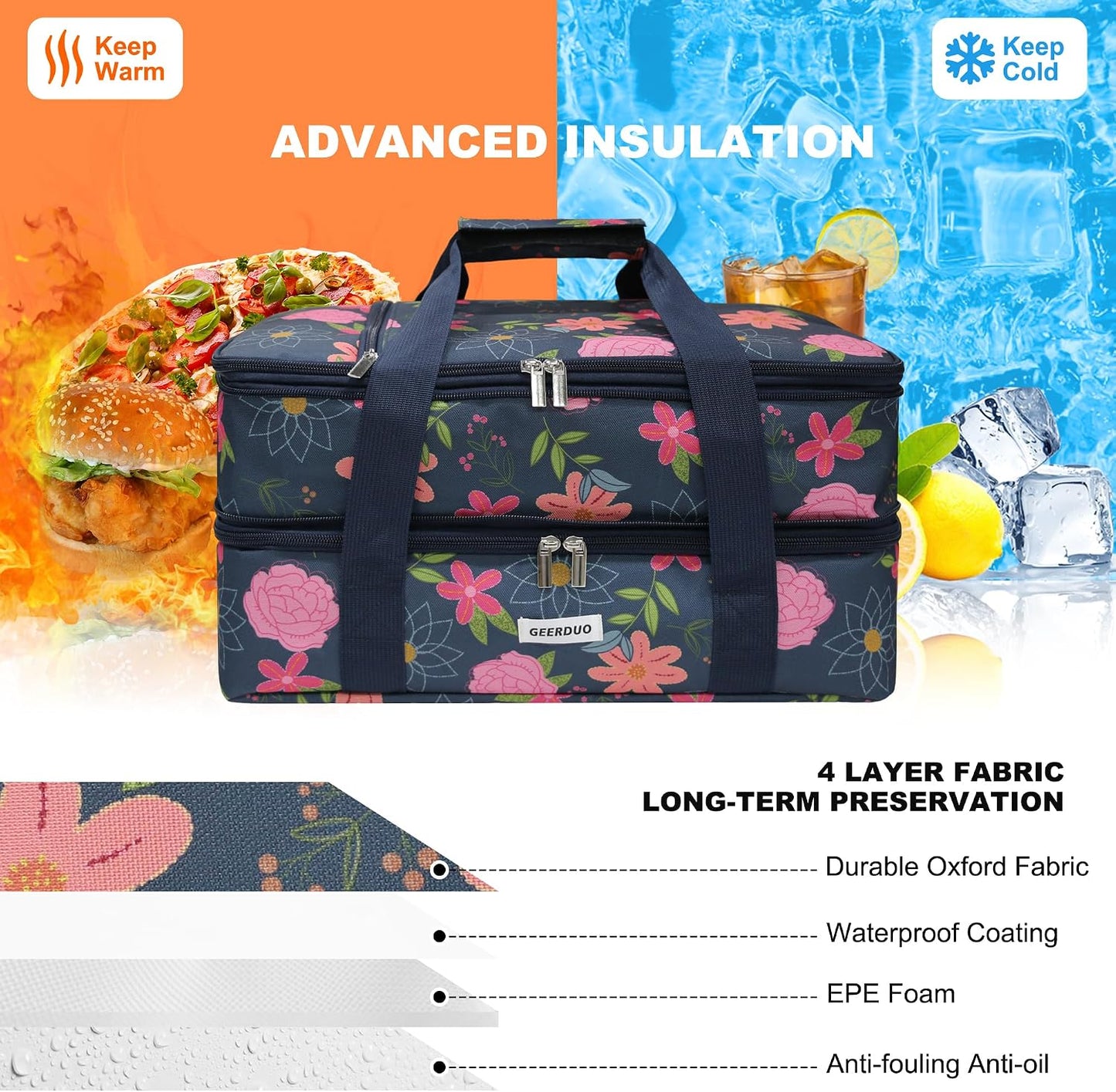 Double Decker Insulated Casserole Carrier, Expandable Thermal Food Warmer Bag Fits 9x13 Dish, Leak-Proof Potluck Lasagna Holder with Utensil Pocket for Picnic Party Cookout (Blue)