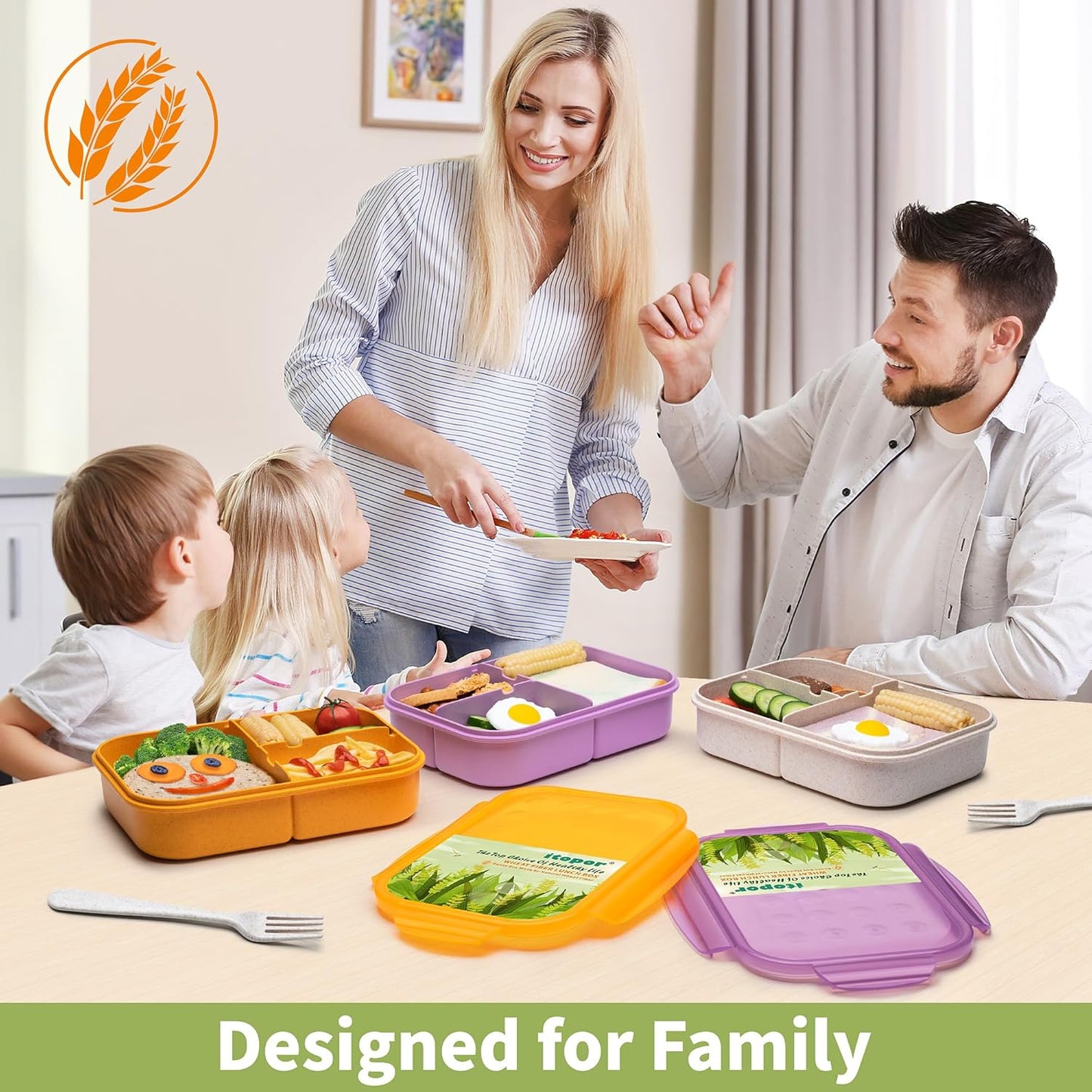 Itopor Classic Wheat Straw Bento Box, Leak-Proof 3-Compartment Lunch Box for Adults & Older Kids, BPA-Free Meal Prep Food Container with Fork, Microwave & Dishwasher Safe, 5.5 Cup, Sage Green