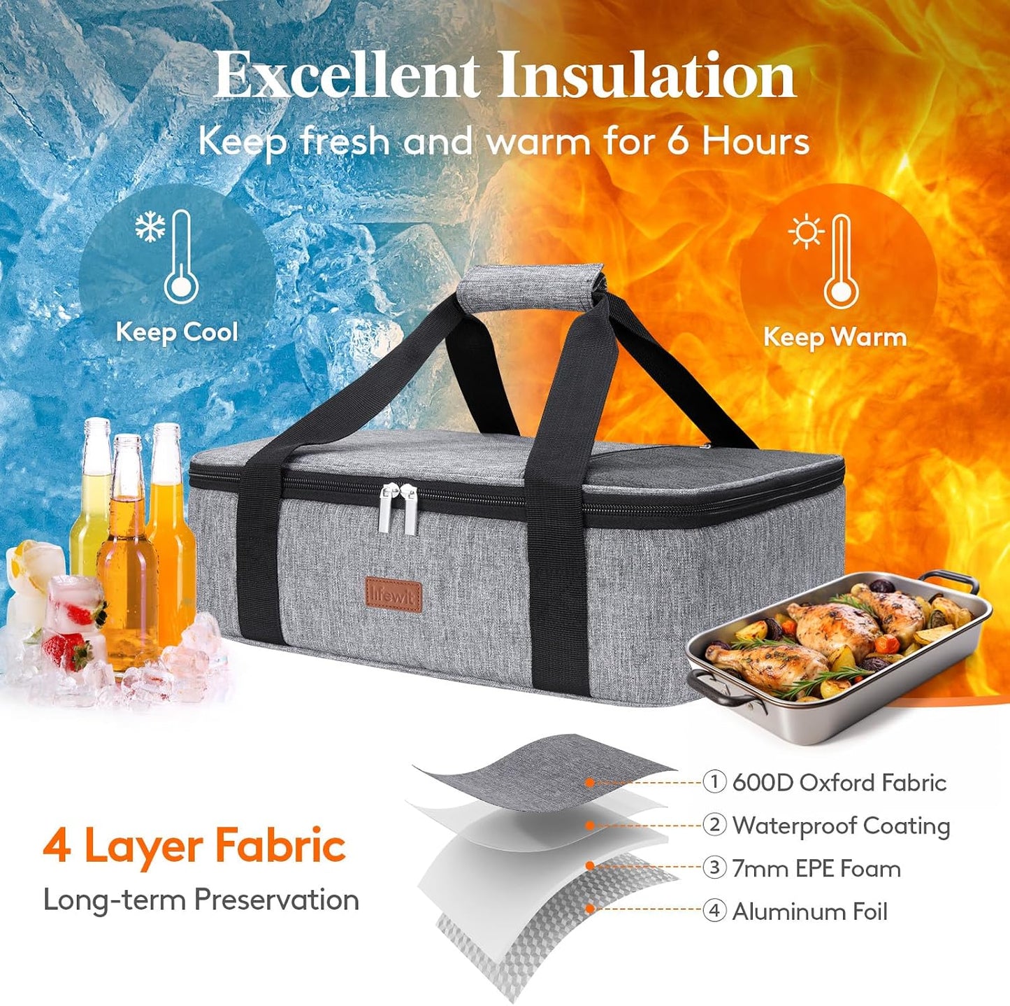 Lifewit Insulated Double Decker Casserole Carrier for Hot or Cold Food, Casserole Dish Carrying Case, Lasagna Holder for Potluck Parties, Picnic and Cookouts, Fits 9"x13" Baking Dish, Grey