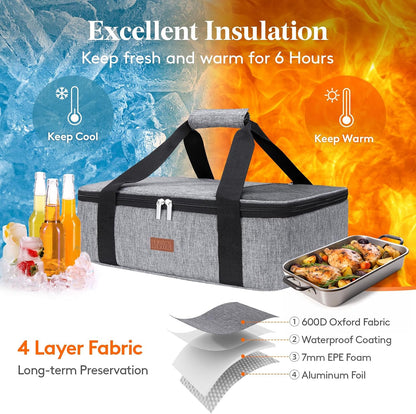 Lifewit Insulated Double Decker Casserole Carrier for Hot or Cold Food, Casserole Dish Carrying Case, Lasagna Holder for Potluck Parties, Picnic and Cookouts, Fits 9"x13" Baking Dish, Grey