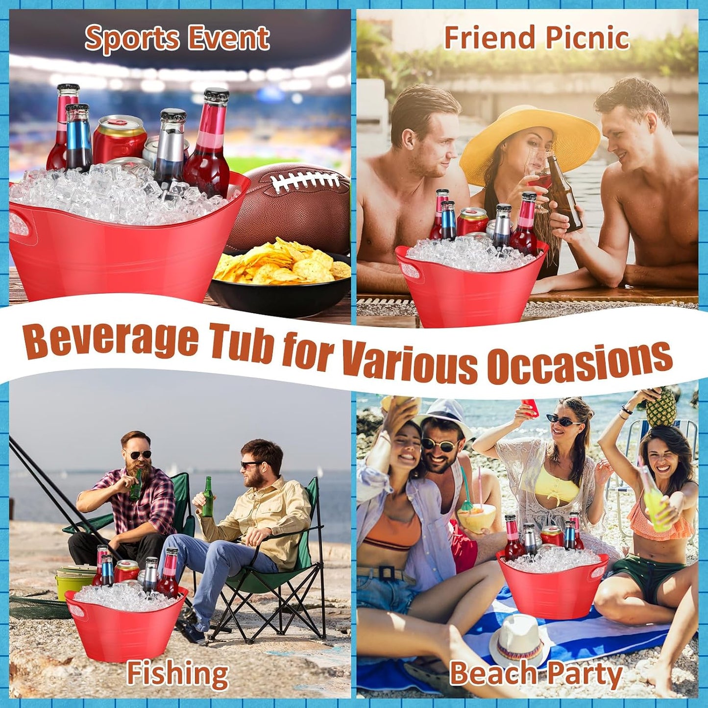 Norme 24 Pcs Oval Storage Tub with Handles, 4.5l Plastic Ice Buckets Bulk for Wine Beer Champagne Drink Cooler Beverage Storage Tub for Parties BBQ Weddings Party Outdoor Celebration(Blue & Red)
