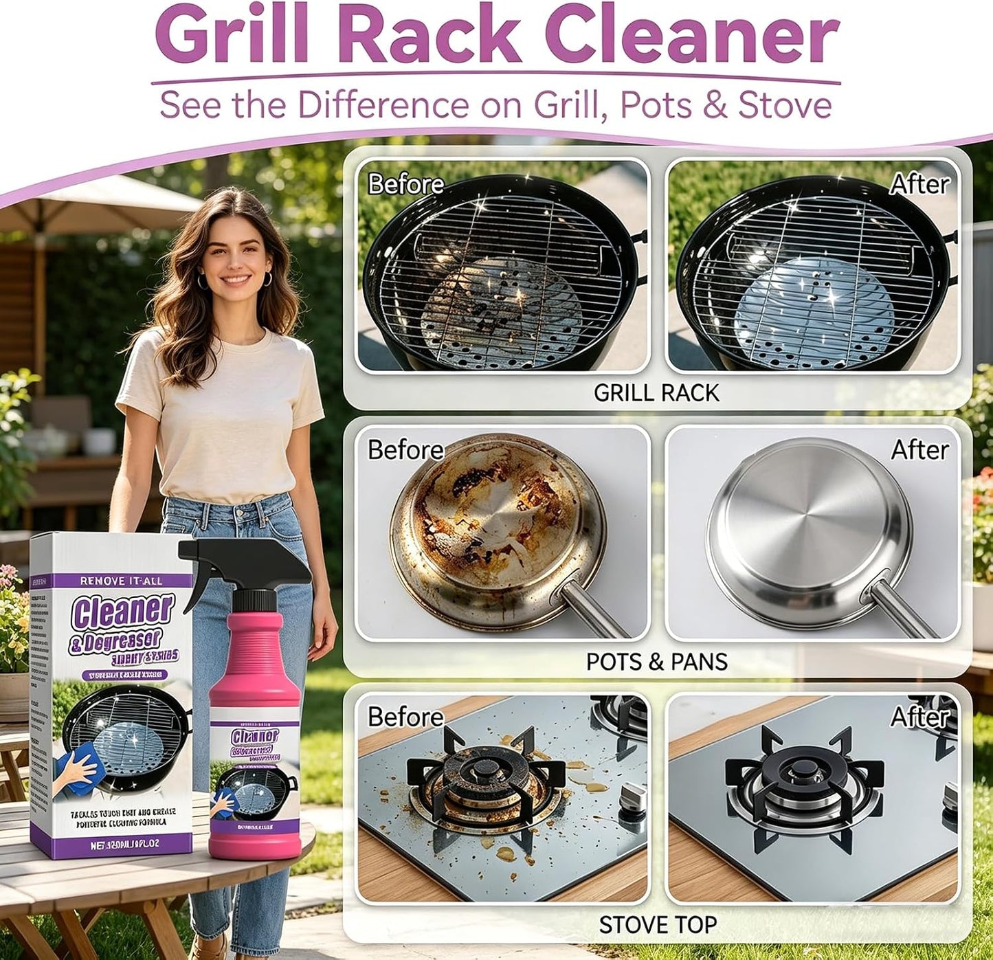 Fast Acting Heavy Duty Grill Degreaser Spray,2026 New BBQ Degreaser Cleaner Heavy Duty,120 ML Outdoor Grills Cleaner,Easily Lifts Baked-On Carbon and Grease,For Kitchen Grates and Racks (3PC)