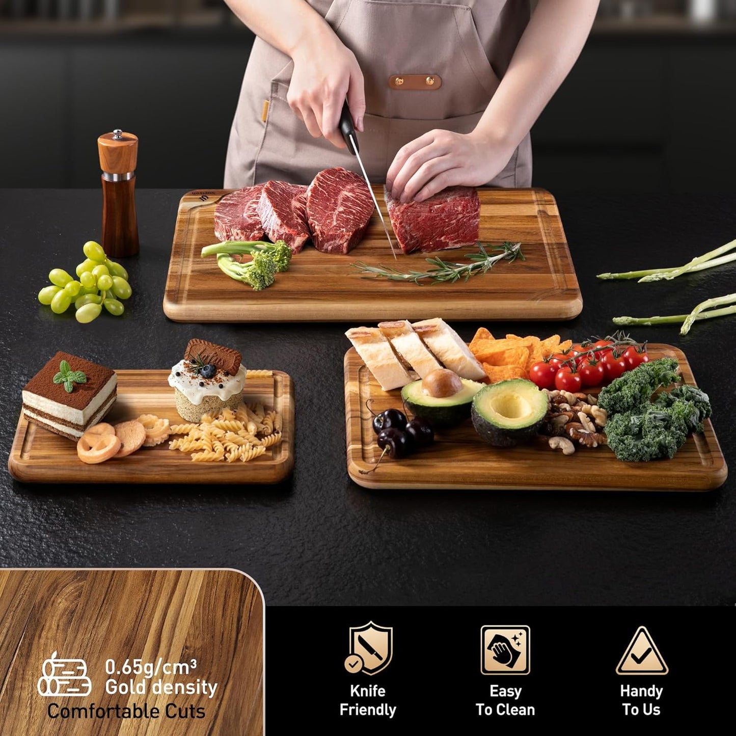 4 Pack Teak Wood Cutting Board Set for Kitchen Heavy Duty Non Toxic Non Slip Solid Thick Wood Haus Chopping Board Extra Large Big Small Meat Best Essential House Warming Hostess Host Gift