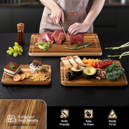 4 Pack Teak Wood Cutting Board Set for Kitchen Heavy Duty Non Toxic Non Slip Solid Thick Wood Haus Chopping Board Extra Large Big Small Meat Best Essential House Warming Hostess Host Gift