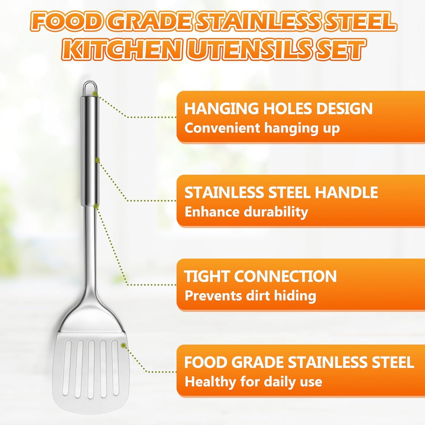 E-far Cooking Utensils Set, 10-Piece Stainless Steel Kitchen Utensils with Holder, Metal Heat Resistant Kitchen Cookware Tool Spatula Set for Cooking, Easy Clean & Dishwasher Safe