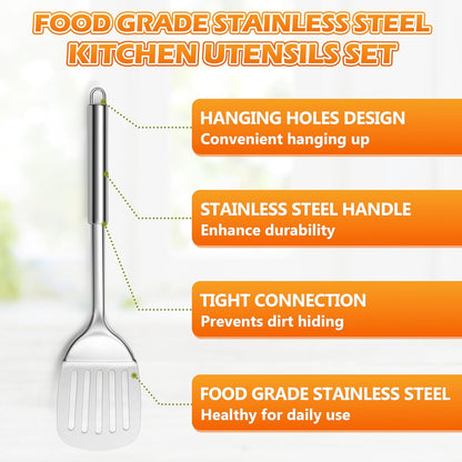 E-far Cooking Utensils Set, 10-Piece Stainless Steel Kitchen Utensils with Holder, Metal Heat Resistant Kitchen Cookware Tool Spatula Set for Cooking, Easy Clean & Dishwasher Safe