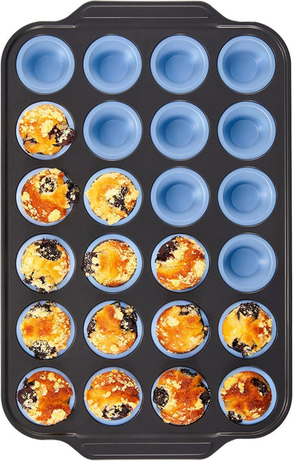 BRONYPRO Silicone Muffin Pans for Baking with Metal Frame, Egg Bite Molds, Cupcake Pans 12 Regular Size, Muffin Tins Easy to Pop Nonstick Non Toxic Bakeware for Oven,Blue