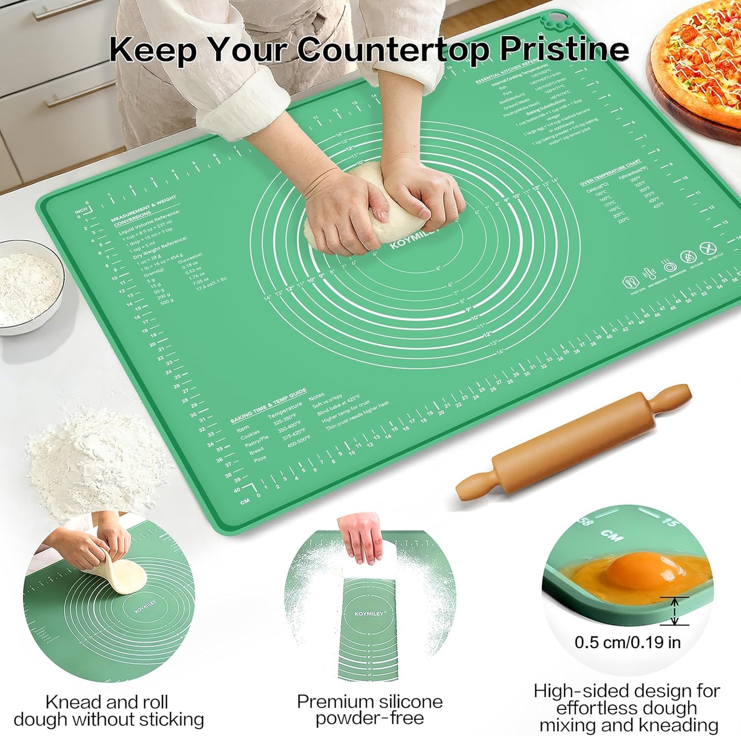 Extra Large Food Grade Platinum Silicone Pastry Mat 28 x 20, Non-Slip Non-Stick Baking Mat for Rolling Dough with 5mm Raised Edge, Measurements & Baking Guide for Bread, Pizza, Pie & Sourdough
