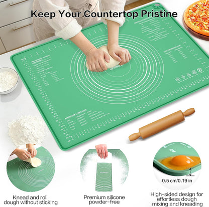 Extra Large Food Grade Platinum Silicone Pastry Mat 28 x 20, Non-Slip Non-Stick Baking Mat for Rolling Dough with 5mm Raised Edge, Measurements & Baking Guide for Bread, Pizza, Pie & Sourdough