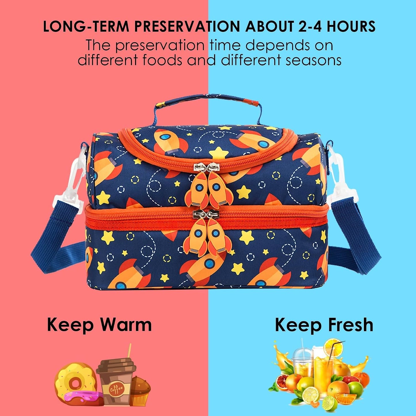 Insulated Kids Dual Compartment Lunch Bags Tote Pack for Girls Boys Toddler Kindergarten School Picnic Cooler Thermal Lunch Boxes with Strap (Green Rainbow)