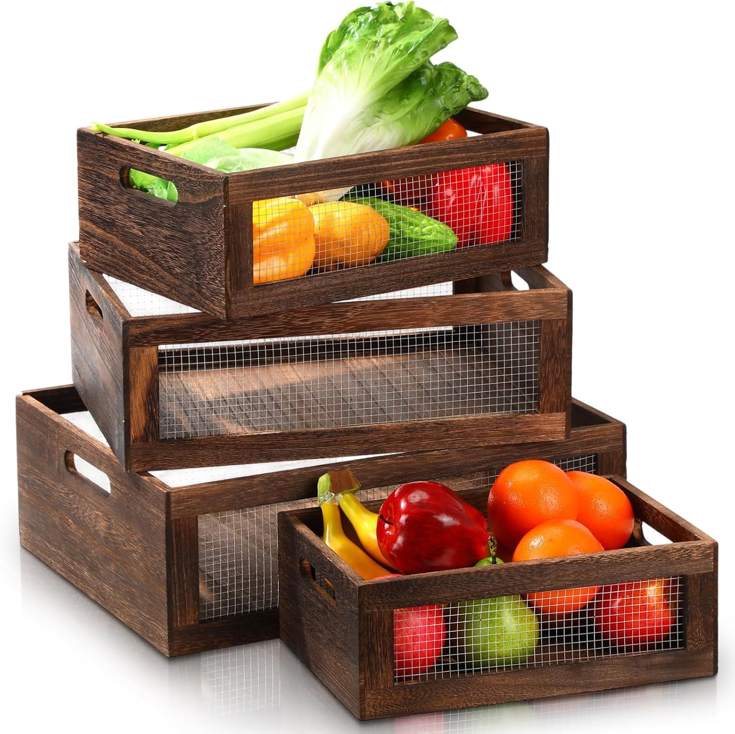 FillTouch 4 Pcs Wooden Nesting Countertop Baskets 4 Size Wooden Storage Box with Handle and Metal Wire Multipurpose Wood Organizer Crate for Fruit Vegetable Kitchen Cabinet Bathroom(Dark Brown,Small)