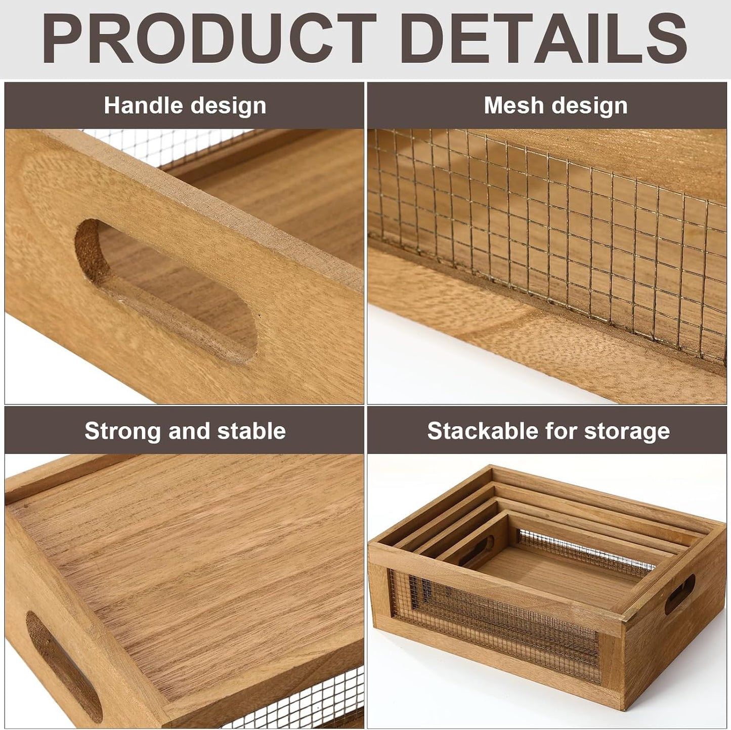 FillTouch 4 Pcs Wooden Nesting Countertop Baskets 4 Size Wooden Storage Box with Handle and Metal Wire Multipurpose Wood Organizer Crate for Fruit Vegetable Kitchen Cabinet Bathroom(Dark Brown,Small)