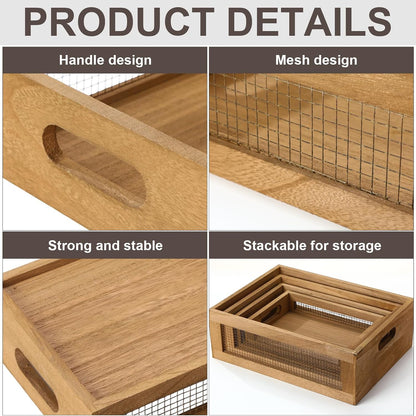 FillTouch 4 Pcs Wooden Nesting Countertop Baskets 4 Size Wooden Storage Box with Handle and Metal Wire Multipurpose Wood Organizer Crate for Fruit Vegetable Kitchen Cabinet Bathroom(Dark Brown,Small)