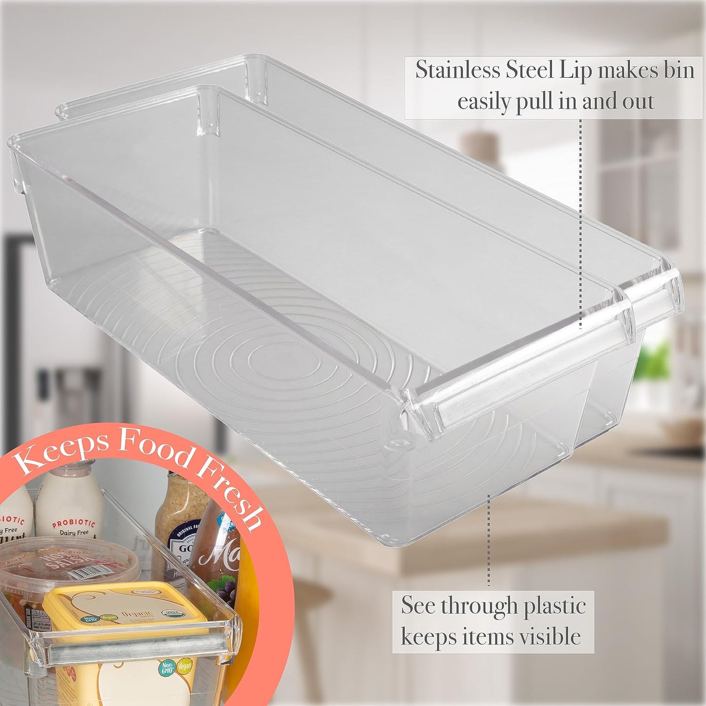Kitchen Details 2 Pack Medium Refrigerator Storage Bin | Fridge & Freezer | Kitchen Organization | Stainless Steel Handle | Countertop | Cabinets | Pantry | Clear