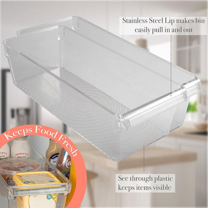 Kitchen Details 2 Pack Medium Refrigerator Storage Bin | Fridge & Freezer | Kitchen Organization | Stainless Steel Handle | Countertop | Cabinets | Pantry | Clear