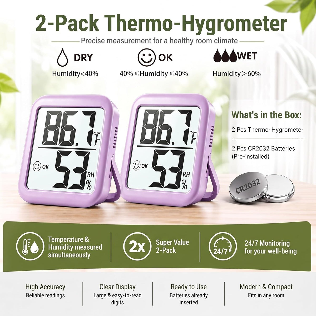Antonki 2 Pack Room Thermometer Indoor Hygrometer