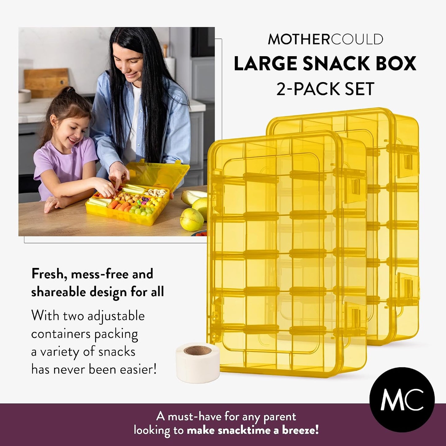 Large Kids Snack Box Containers Set of 2 -100 Labels, BPA-Free, Adjustable Compartments, Dishwasher Safe, Reusable Tray, Food Grade, Meal Prep Container, PARENT TESTED PARENT APPROVED AWARD (Clear)