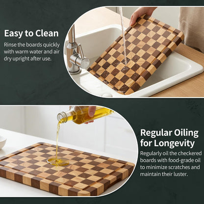 WILLKOMMEN Checkered Cutting Board Set, 3-Piece Wood Checkerboard End Grain Chopping Boards with Holder & Juice Groove Wooden Kitchen Cutting Board for Cooking and Serving (S, M, L)